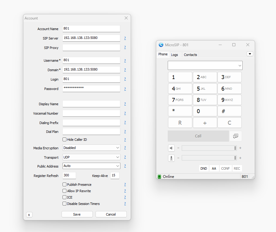 SIP软终端账号配置示例