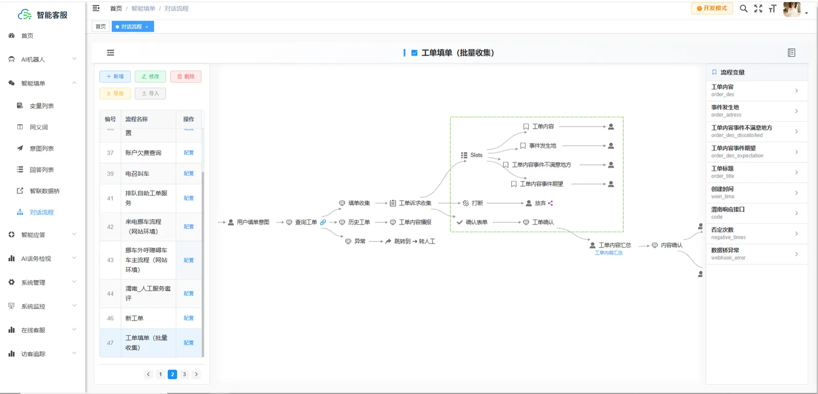 对话流程配置真实截图：工单填单（批量收集）流程编排画布与字段配置面板