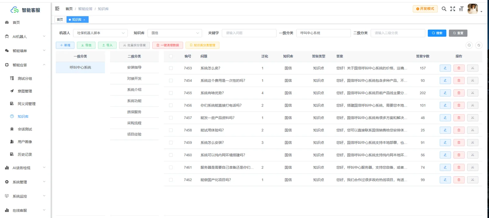 知识库维护真实截图：分类树、问题列表、泛化次数与答复类型维护界面
